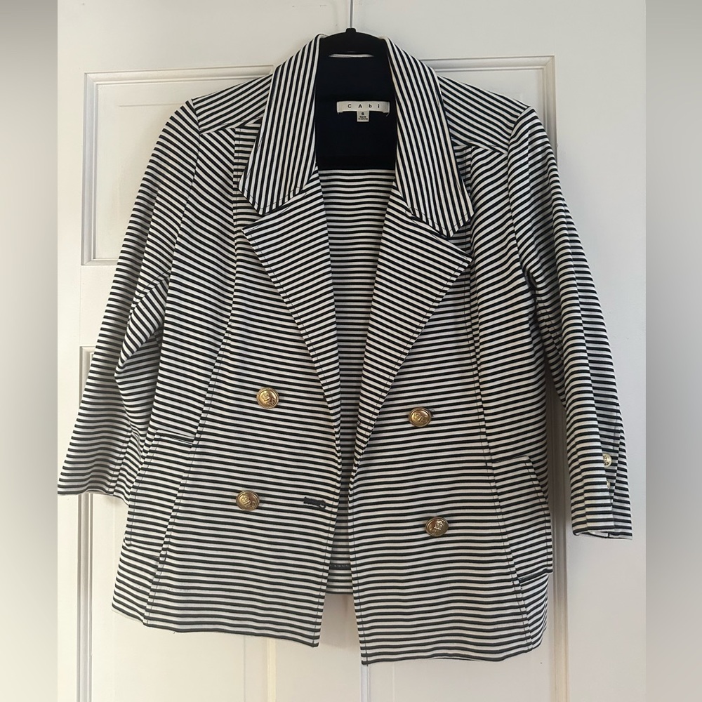 Cabi Blue and White Nautical Striped Stretch Knit Blazer Jacket #823 Women's S